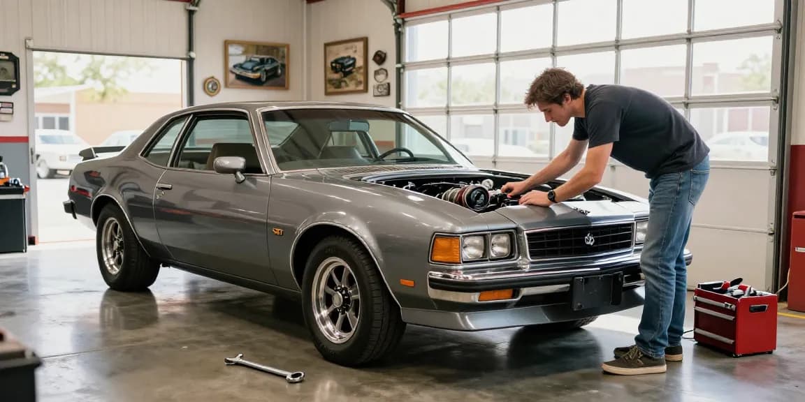 Enthusiast inspecting the Holden SV 88 in a well-lit garage with vintage memorabilia.