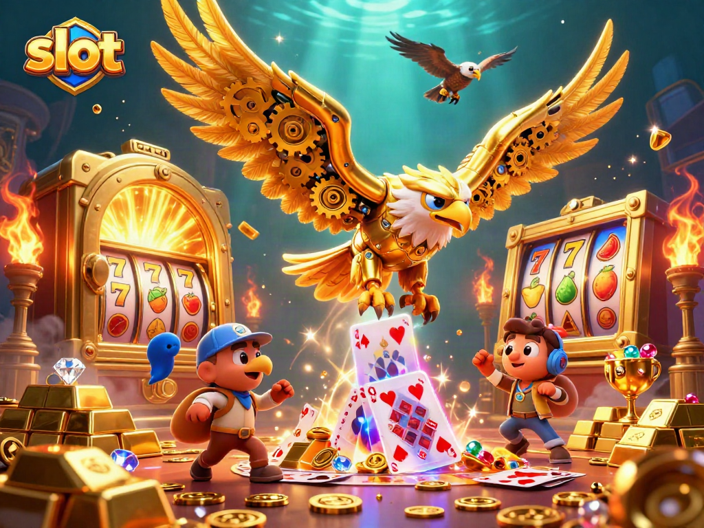 Experience thrilling slot action with a cybernetic eagle in a vibrant casino scene.
