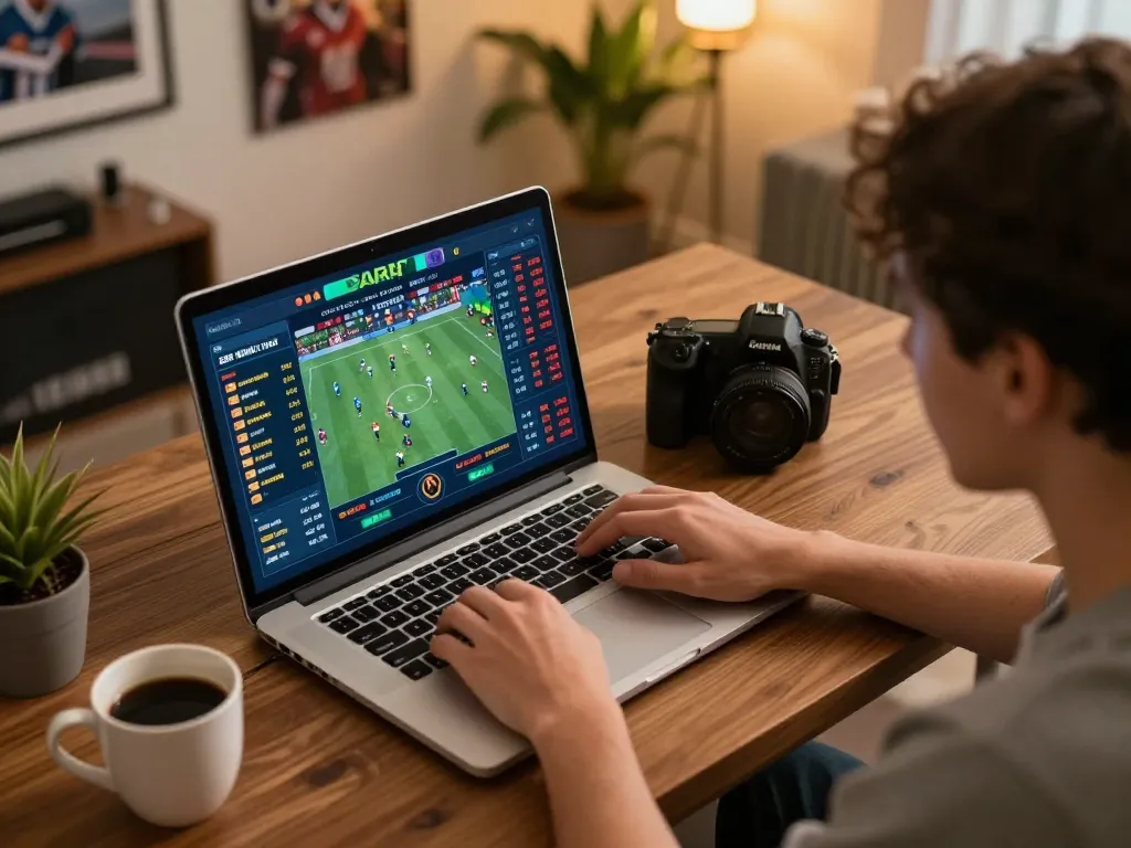 Person strategizing sports betting on Nowgoal site, laptop with live odds and comfortable home setup.