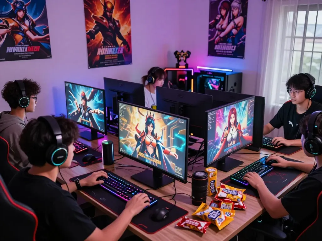 Gamers immersed in playing hentai games online, with colorful LED lights and various gaming setups.
