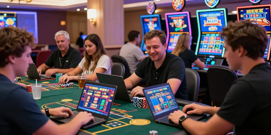 Enthusiastic players at mastercard casinos enjoying vibrant gaming experiences with laptops and drinks