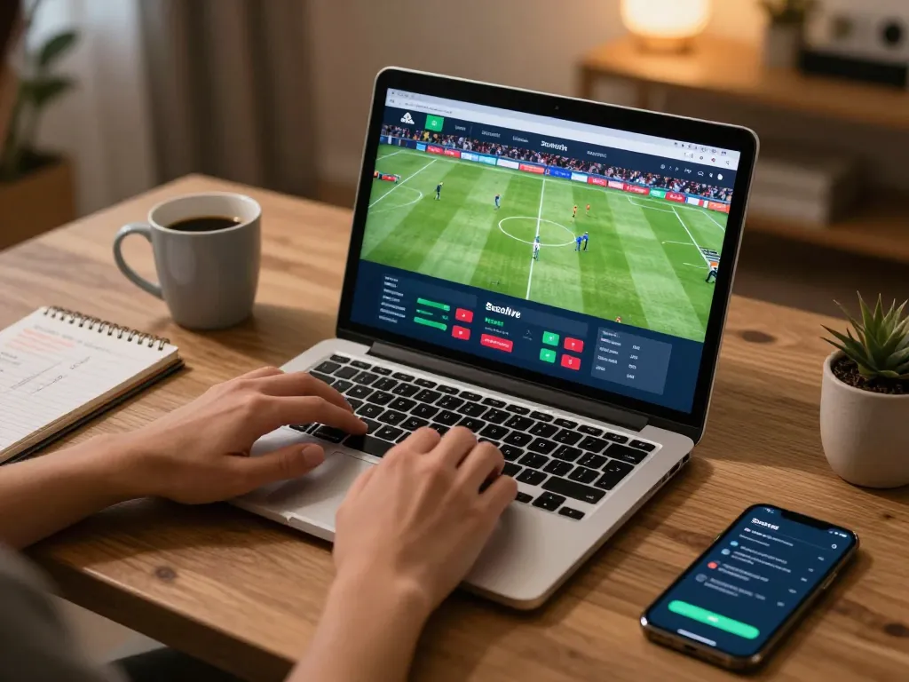 Socolive live sports betting setup with laptop showing soccer matches and betting interface.