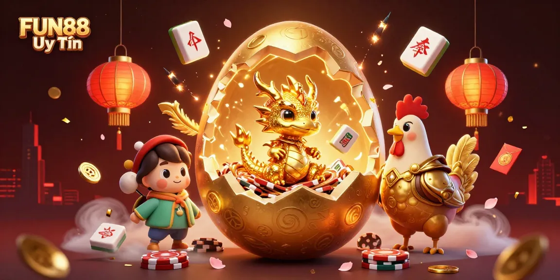 Engage with FUN88 Uy Tín through a vibrant scene featuring a baby dragon and golden poker chips.