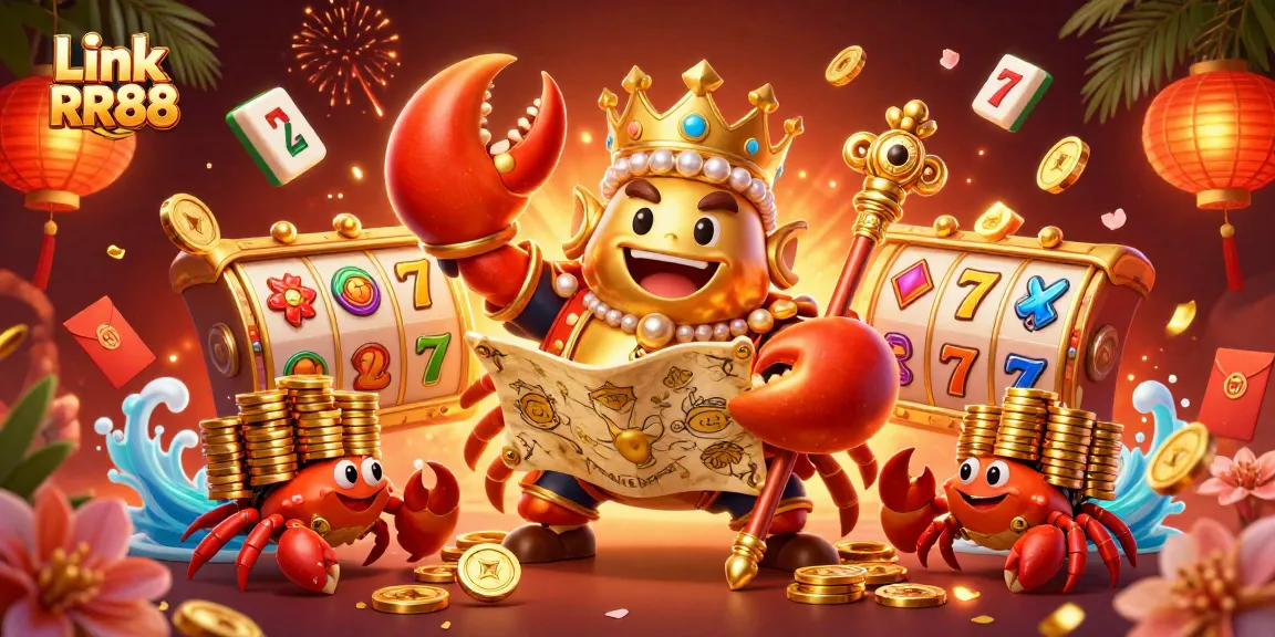 Experience the thrill of Link RR88 as the golden crab emperor leads a treasure hunt with vibrant symbols.