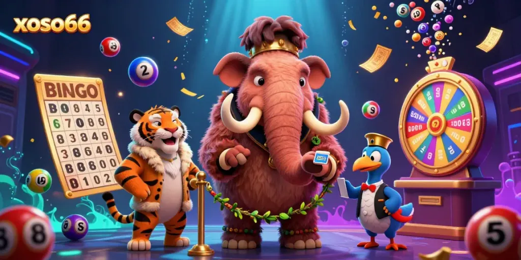 Experience the excitement of xoso66 with a woolly mammoth bouncer and vibrant lottery elements in a dynamic casino scene.