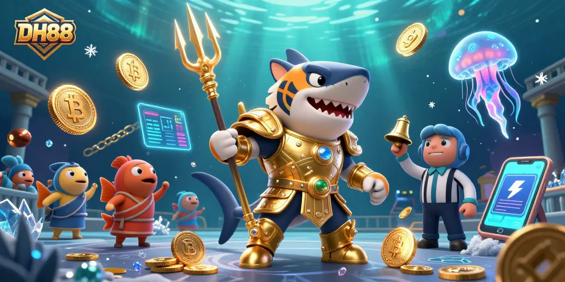 Engage with the thrilling underwater showdown of DH88 featuring a shark in gladiatorial armor with crypto elements.