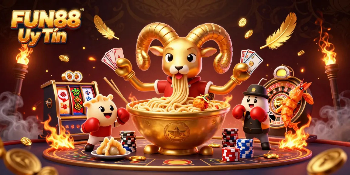 Engage with FUN88 Uy Tín at this vibrant casino scene featuring characters like a golden ramen bowl dealer.