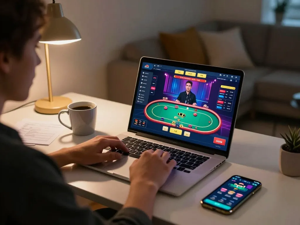 Engaging in poker gameplay on MM88's online platform, showcasing a vibrant gaming session at home