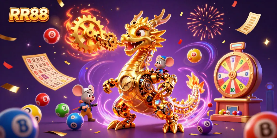 Experience the thrill of RR88 with a vivid illustration of a golden dragon and gaming elements.