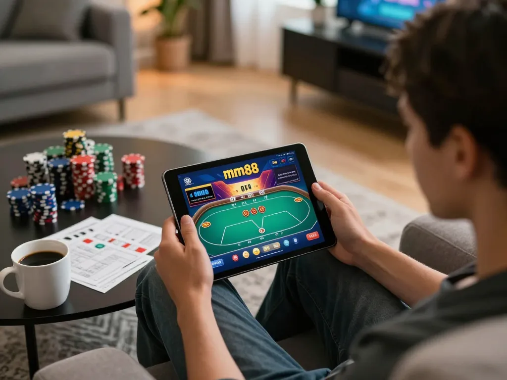 Experience thrilling mm88 online poker gameplay from a cozy home setup with tablets and drinks