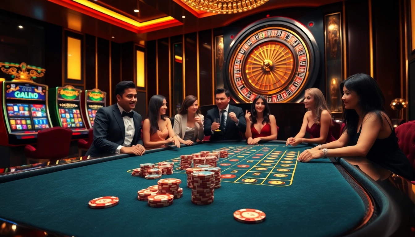 Enthusiastic gamblers enjoying the qh88 casino experience at an elegant gaming table.