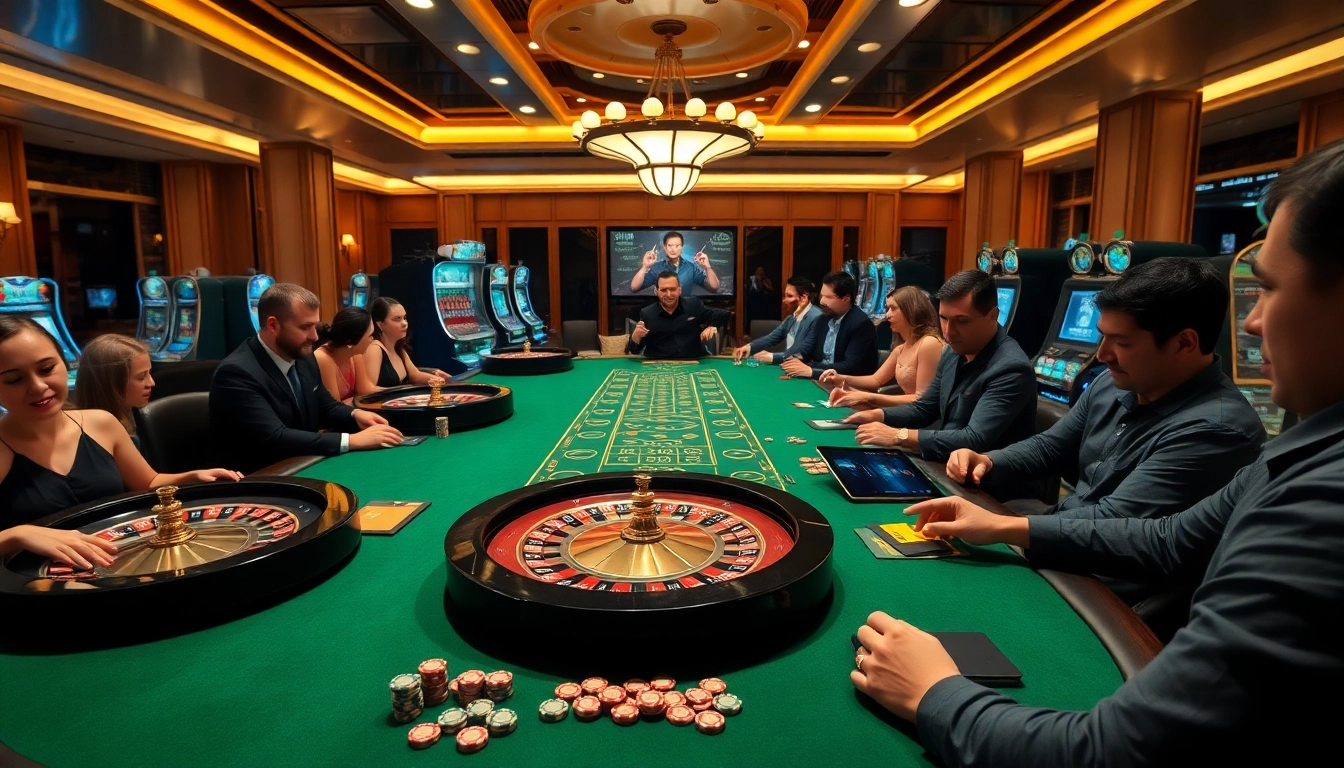 Gamblers at a luxury casino table with a tablet displaying https://oxbet24.com/ promoting an engaging gaming experience.