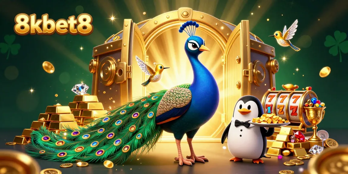 Experience thrilling wins with 8kbet8 in a vibrant casino scene filled with slot reels and treasure.