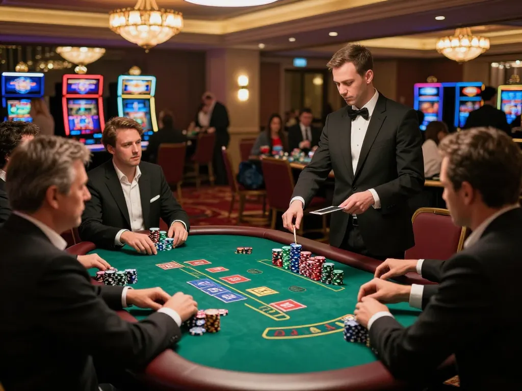 Players at okfun blackjack table using strategic bets under warm casino lighting.