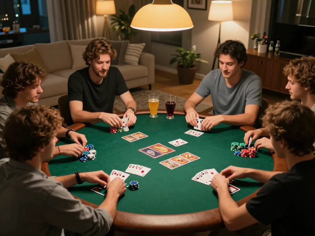 Poker enthusiasts enjoy a friendly game at home, while accessing games at https://ph22.net.ph/ with vibrant atmosphere.