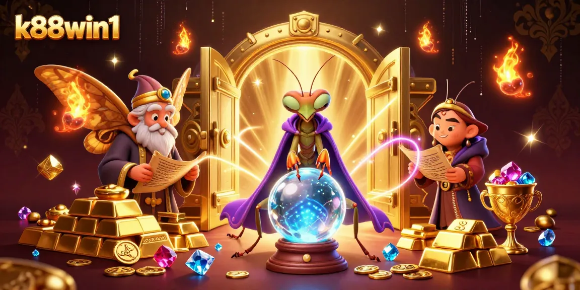 Experience the luxury of k88win1 with a mystical scene of fortune tellers amidst riches and vibrant energy.