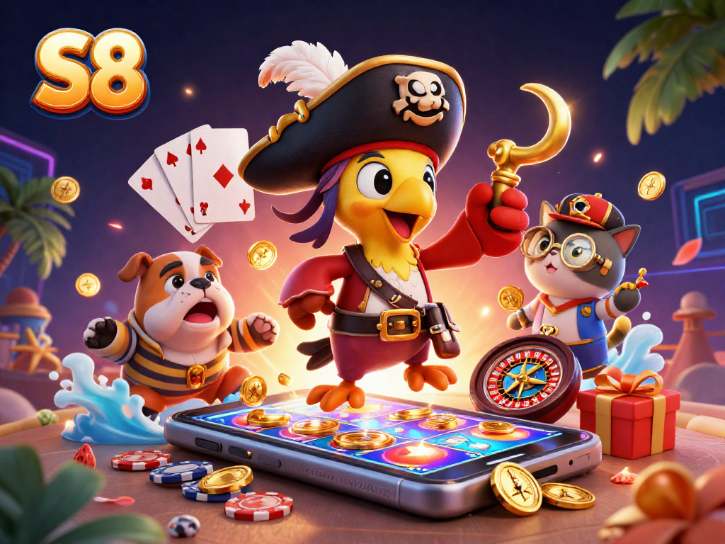 S8 players spin golden coins and win big with interactive slots and engaging games in a vibrant scene.