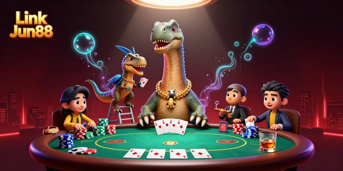Experience thrilling poker action with Link Jun88 featuring vibrant characters in a casino setting.