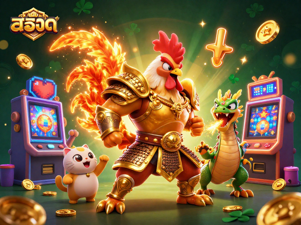Play exciting สล็อต games featuring colorful slot machines and dynamic characters in this vibrant 3D illustration.