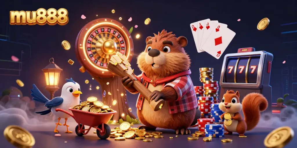 Experience exhilarating wins with mu888, illustrated by a beaver character in a casino-themed 3D scene.
