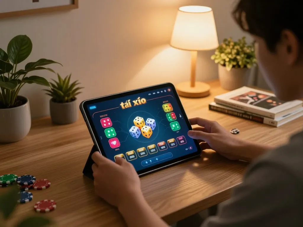 Engaging gameplay with a player focused on app tài xỉu online displayed on a tablet in a warm home environment.