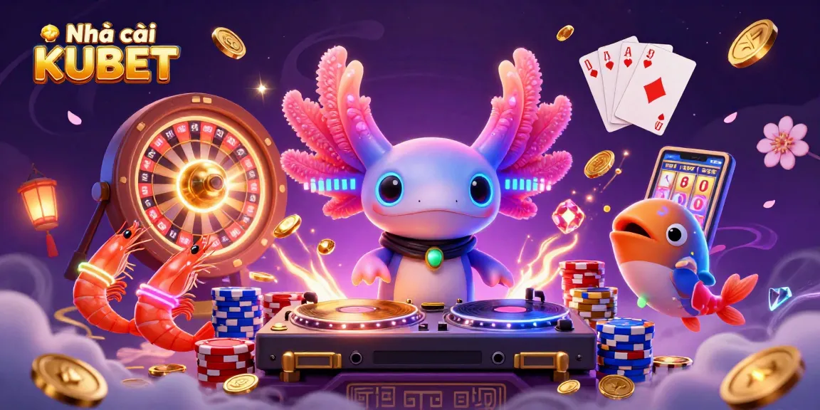 Experience the excitement of Nhà cái KUBET with a colorful 3D casino scene featuring vibrant characters and captivating games.