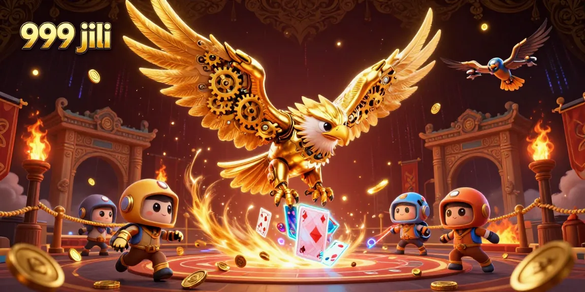 Engage with dynamic gameplay at 999 jili with a cybernetic golden eagle diving through holographic cards.