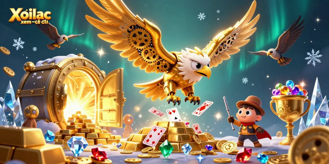 Xoilac xem trực tiếp showcases an energetic 3D scene of a cybernetic eagle diving through holographic cards filled with riches.