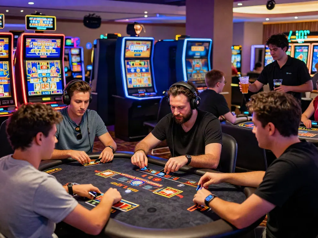 Exciting scene at credit card casinos with players enjoying slots and table games in a vibrant casino.