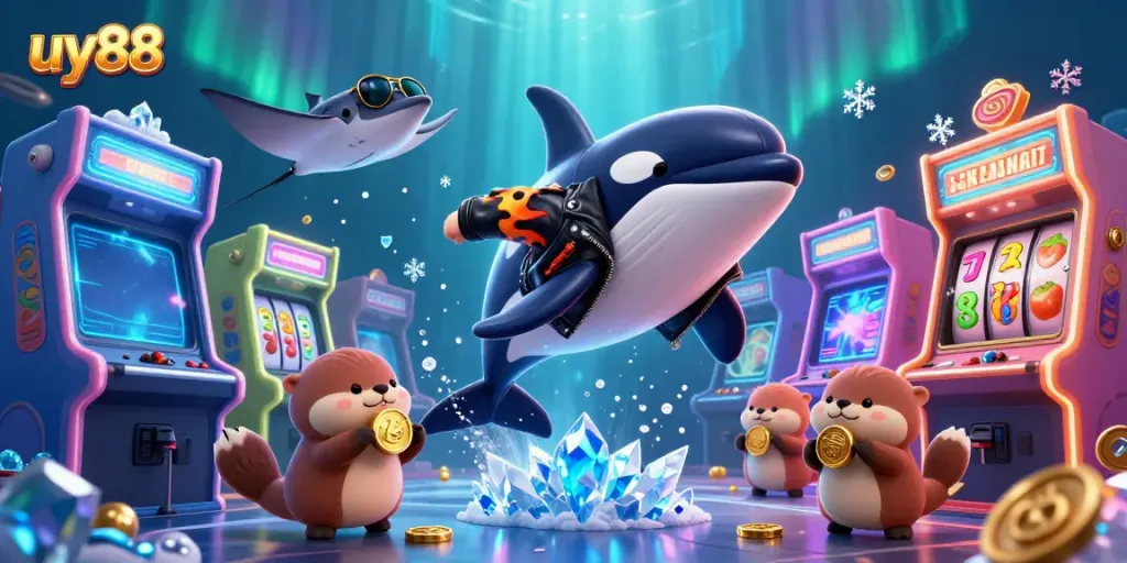 Play casino games with uy88 featuring an orca, stingray, and otters amid colorful slots.