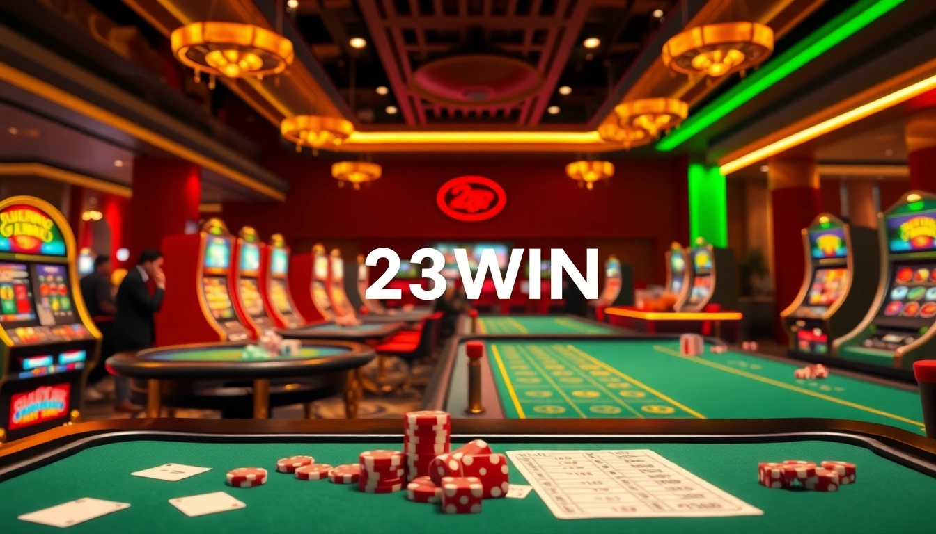 Experience thrilling gaming at nhà cái 23Win featuring modern tables and vibrant casino lights.