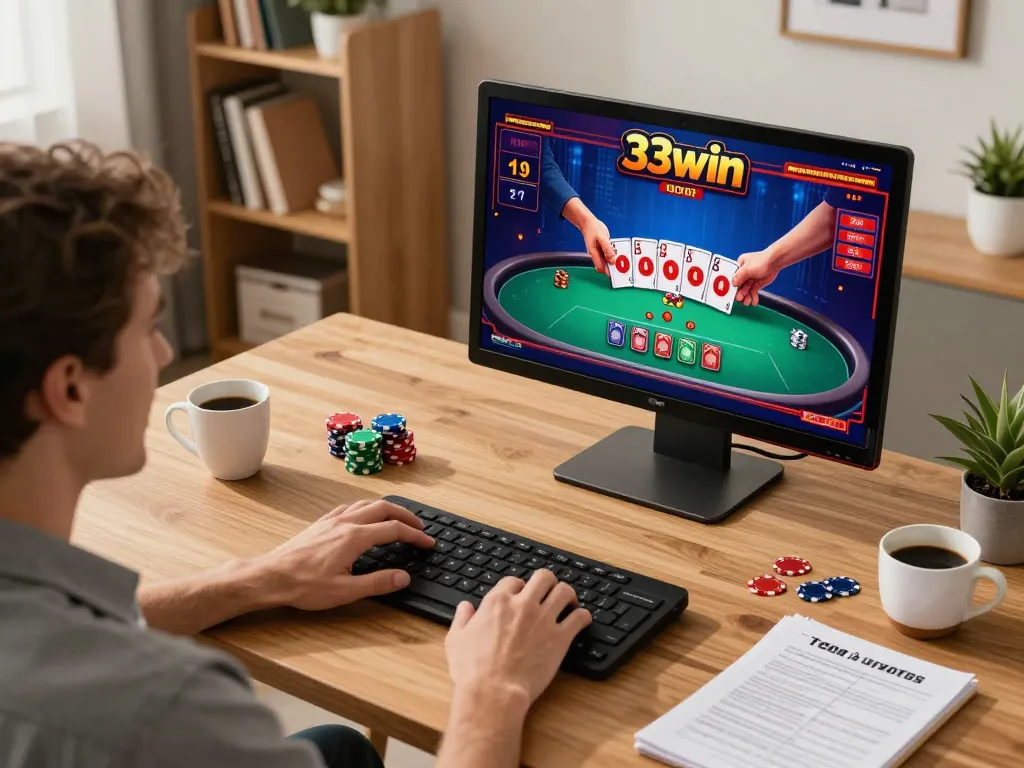 Engaged player enjoying poker on 33win in a stylish home setup with strategy notes.