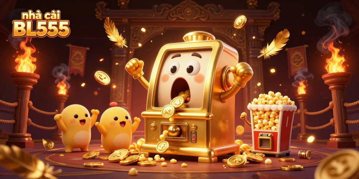 Experience exciting jackpots at nhà cái BL555 with a vibrant 3D illustration of a golden slot machine winning.