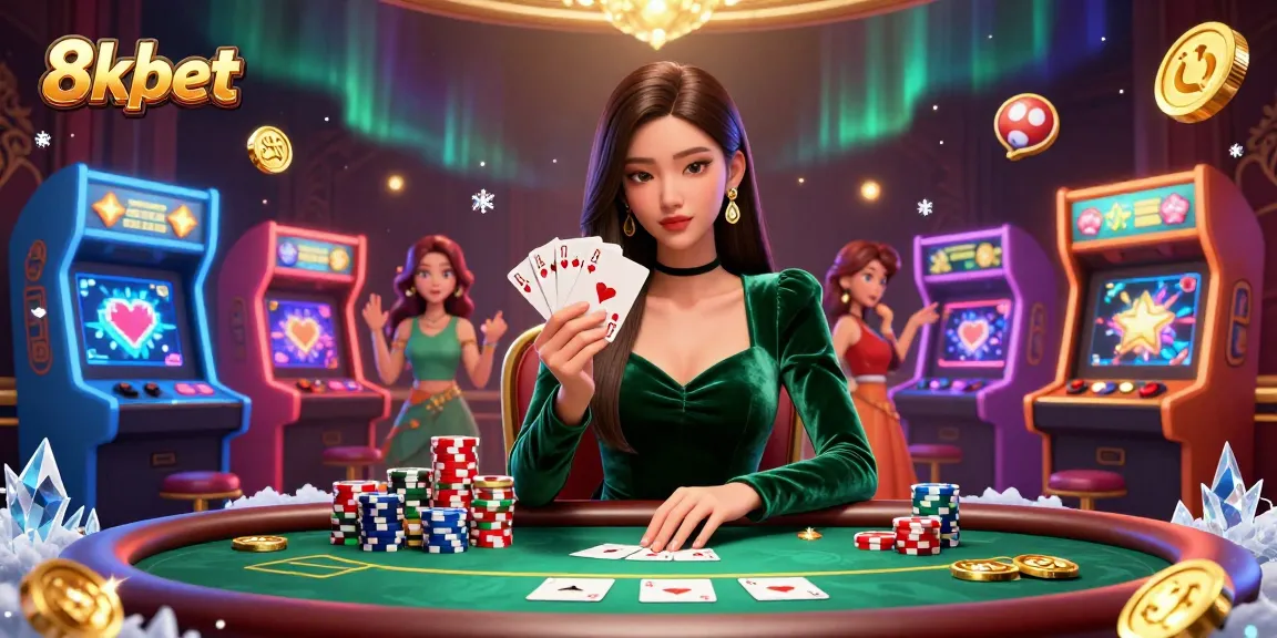8xbet poker scene with a beautiful Asian woman focused on her cards amidst vibrant gaming elements.