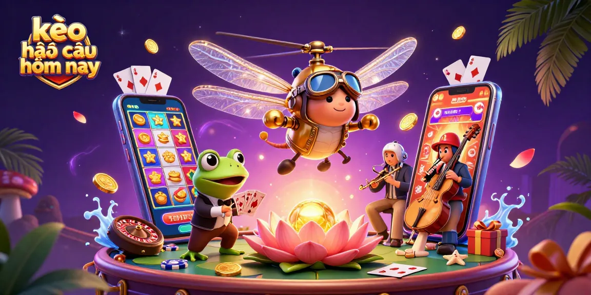 Experience kèo nhà cái hôm nay with the dragonfly pilot and frog croupier in a vibrant casino scene.