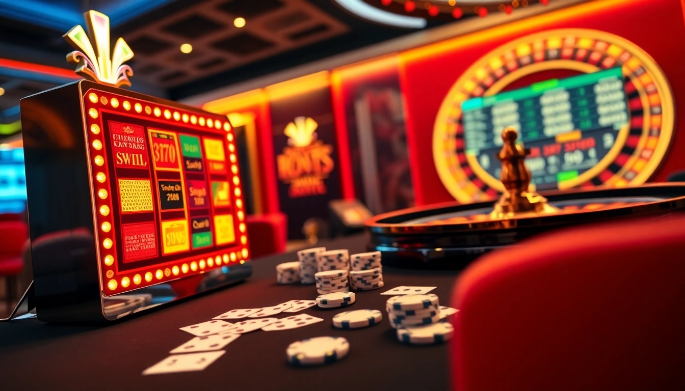68VIP gaming scene with vibrant slot machines and poker elements in a luxurious casino.