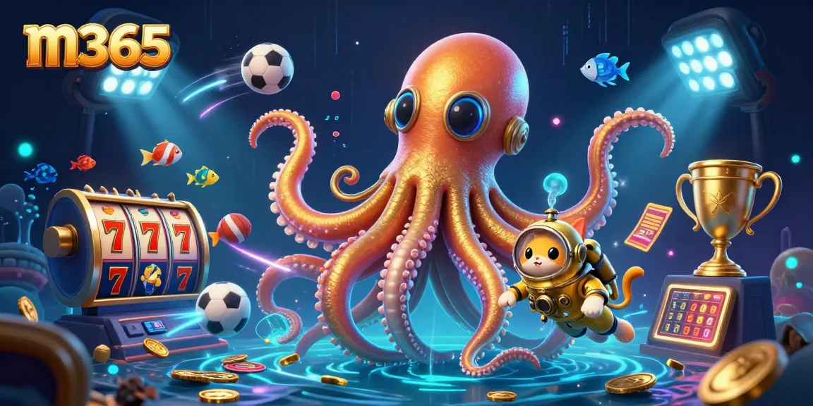 Play and win with m365 in this vibrant casino-themed 3D illustration showcasing exciting gaming elements.