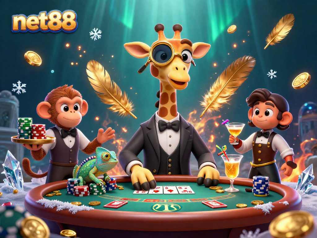 Engage with net88 at a vibrant poker scene featuring a high-roller giraffe and fun casino characters.