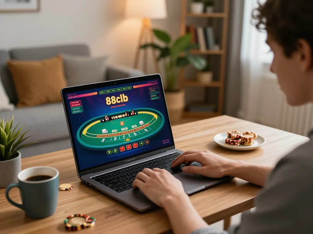 Gamer strategizing with 88clb, focused on an online blackjack game interface at a cozy home workspace