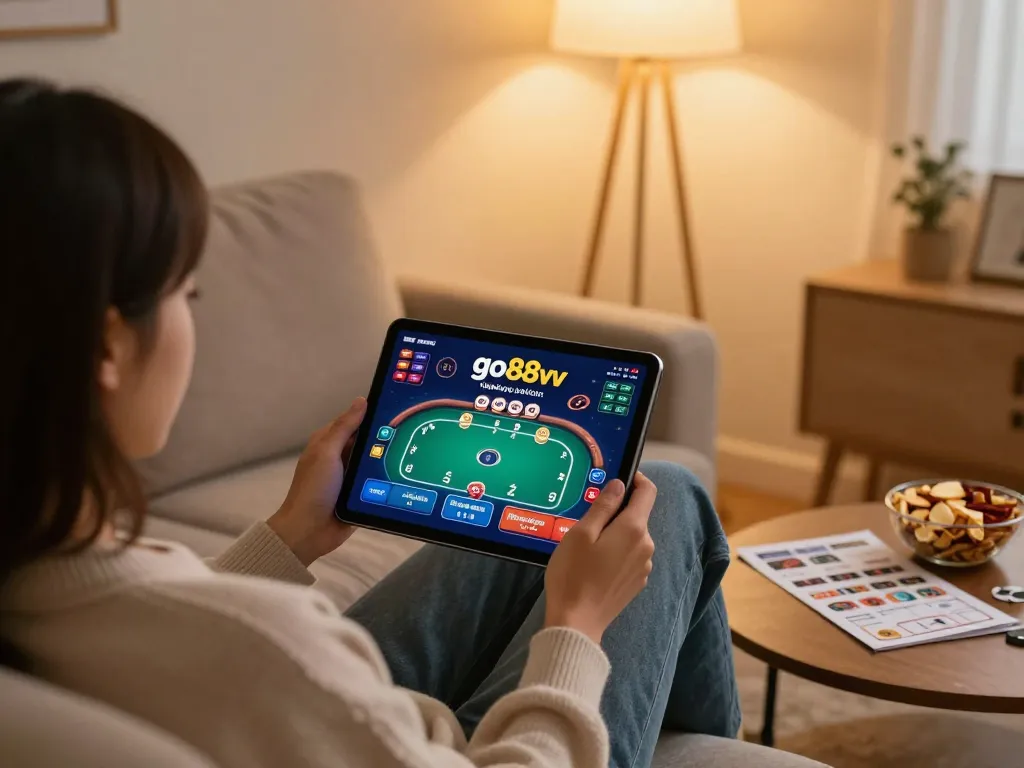 Person enjoying online gaming at go88vv on tablet in cozy home environment