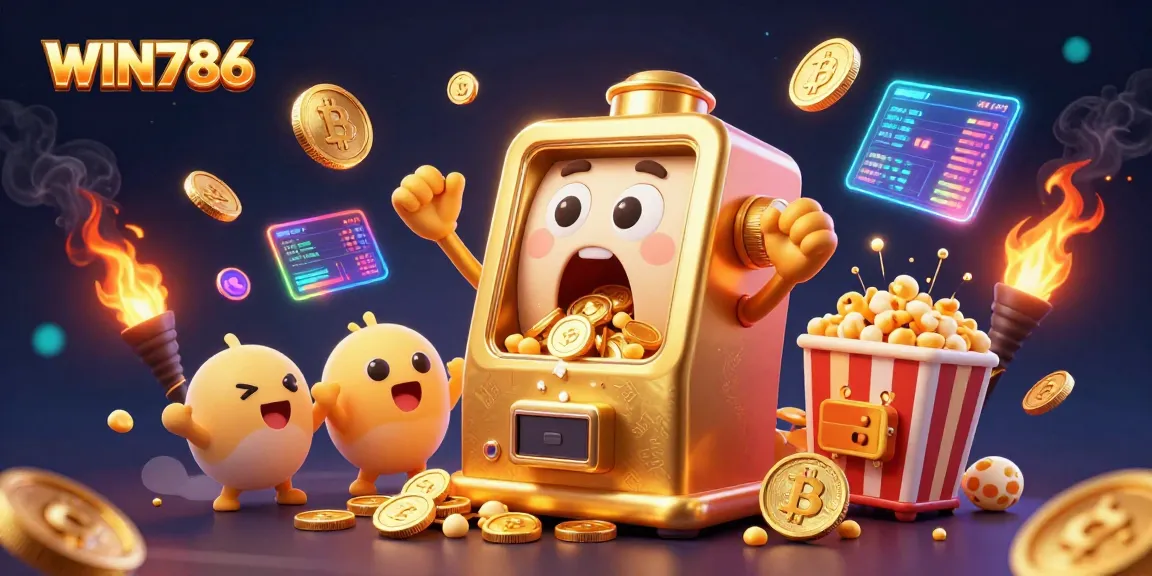 WIN786 showcases a slot machine celebrating huge jackpots with cheering companions amidst crypto coins.