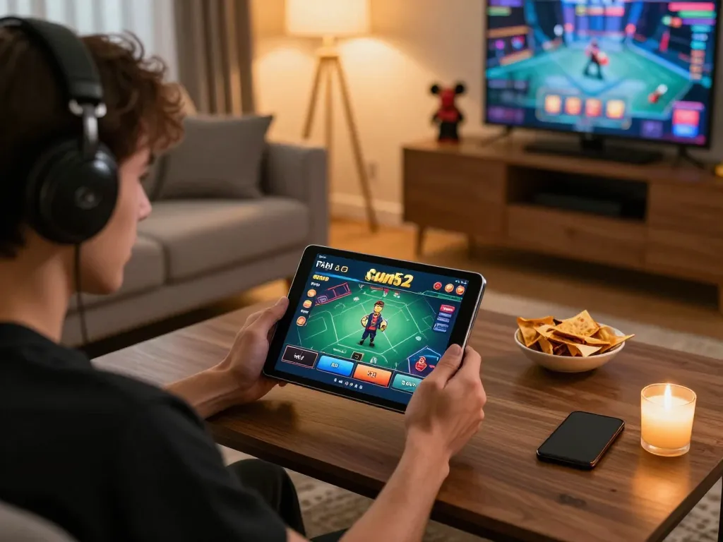 Tải Sun52 app on a tablet, showcasing seamless access to online gaming in a cozy home atmosphere.