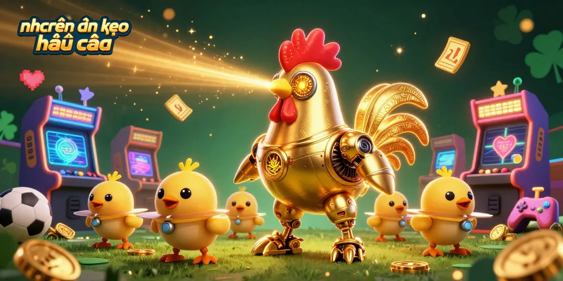 Engage with nhận định kèo nhà cái in a vibrant visual scene featuring a golden rooster robot and baby chick drones amidst sports betting elements.