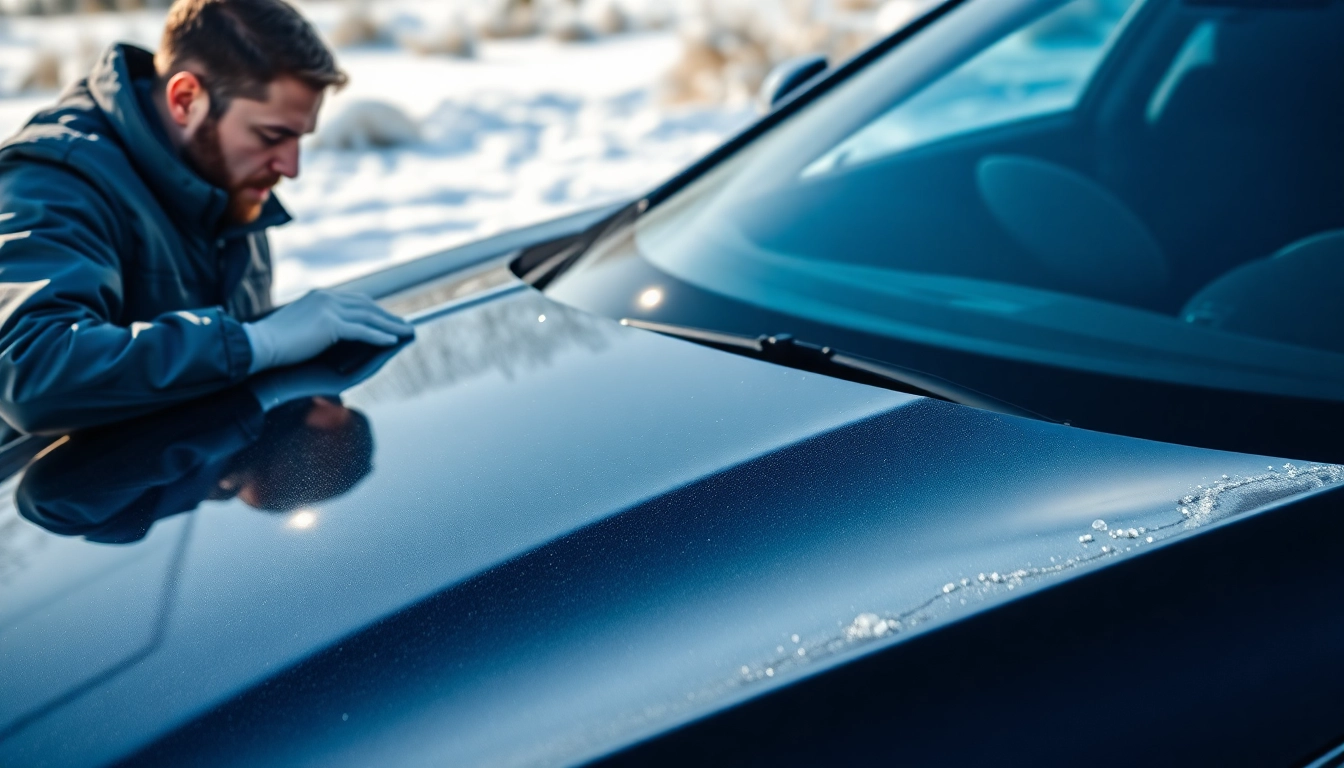 Applying PPF winter road salt protection to a car, showcasing the meticulous detailing of the protective layer.