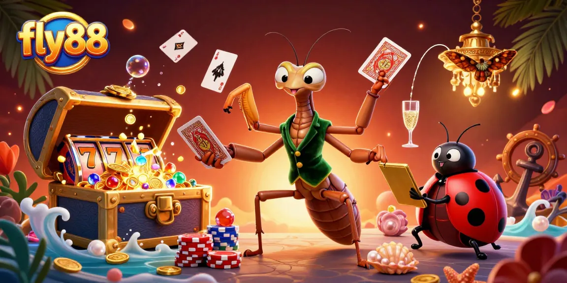 Experience the vibrant atmosphere at fly88 with a lively scene of card dealing, chips, and golden treasures.