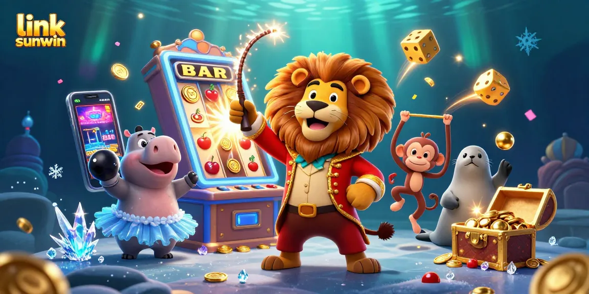 Win big with link sunwin in a vibrant, action-packed casino scene featuring dynamic characters and exciting slot game elements.