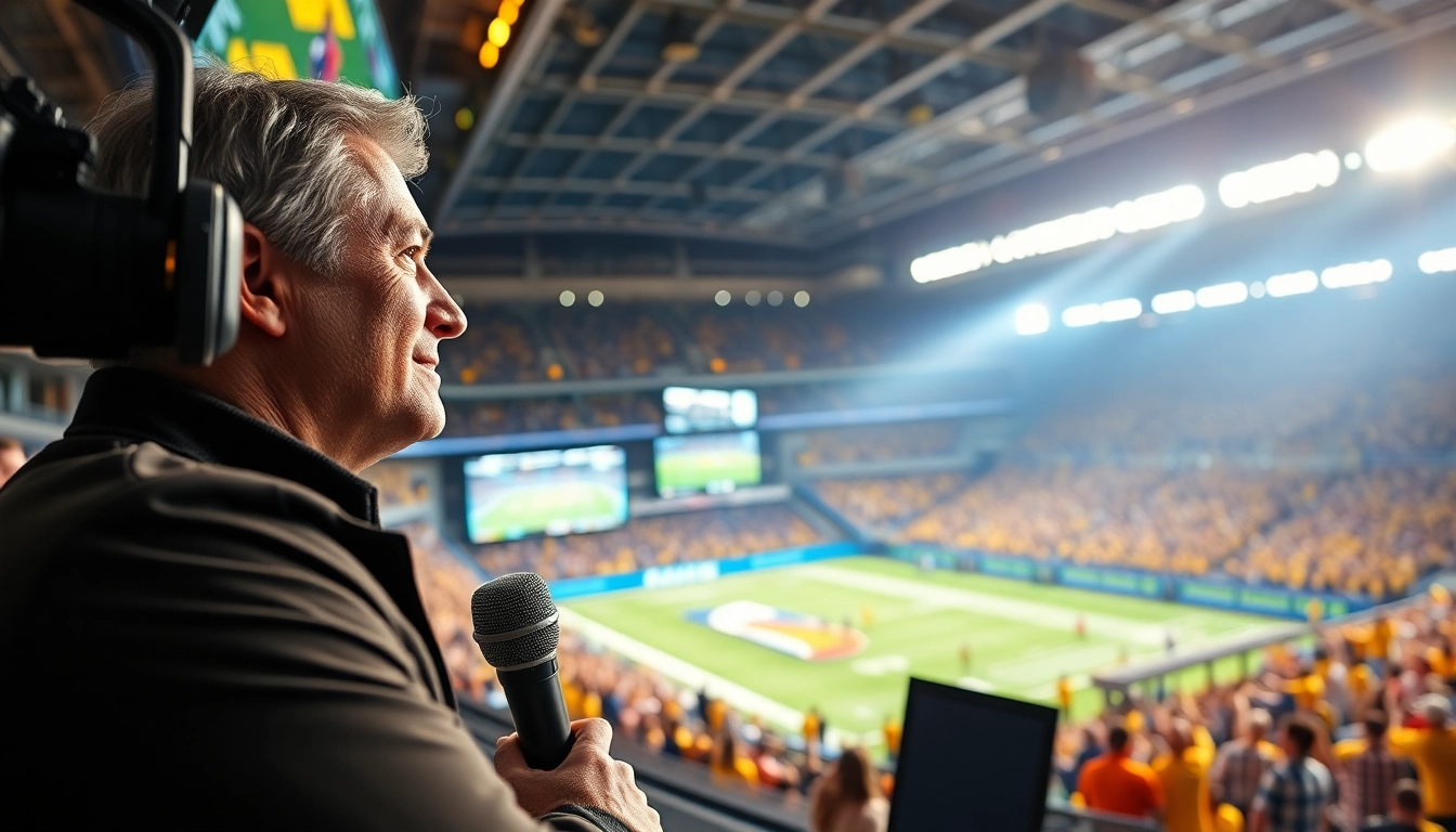 Sports Broadcasting live with an energetic announcer in a cheering stadium, capturing the excitement.