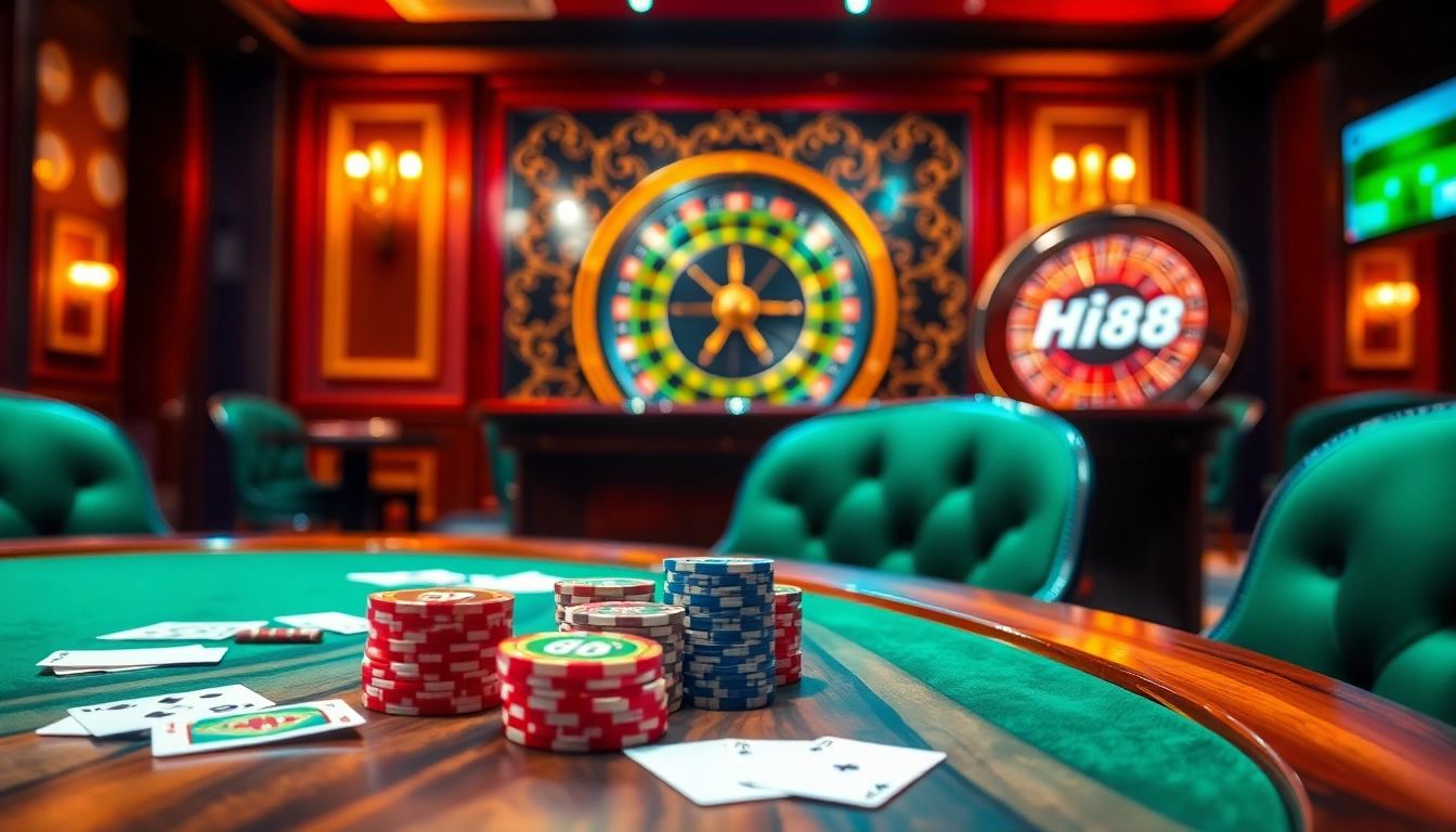 Experience thrilling gameplay at Hi88 with dynamic poker tables and vibrant casino gaming elements.