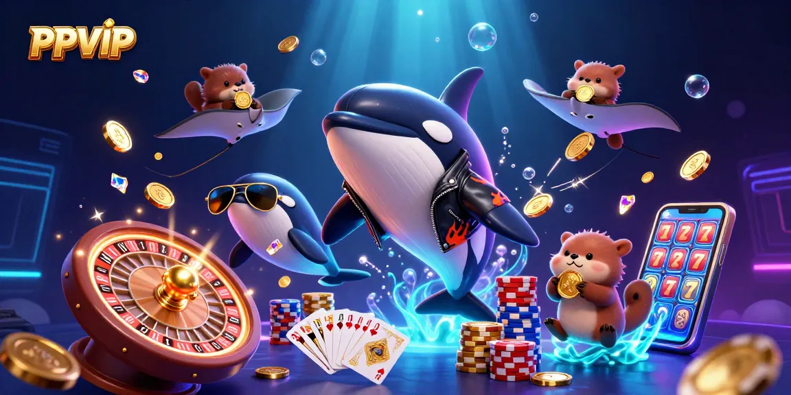 Engaging scene depicting PPVIP's exciting gaming experience with a cartoon whale, stingray, and otters celebrating winning.