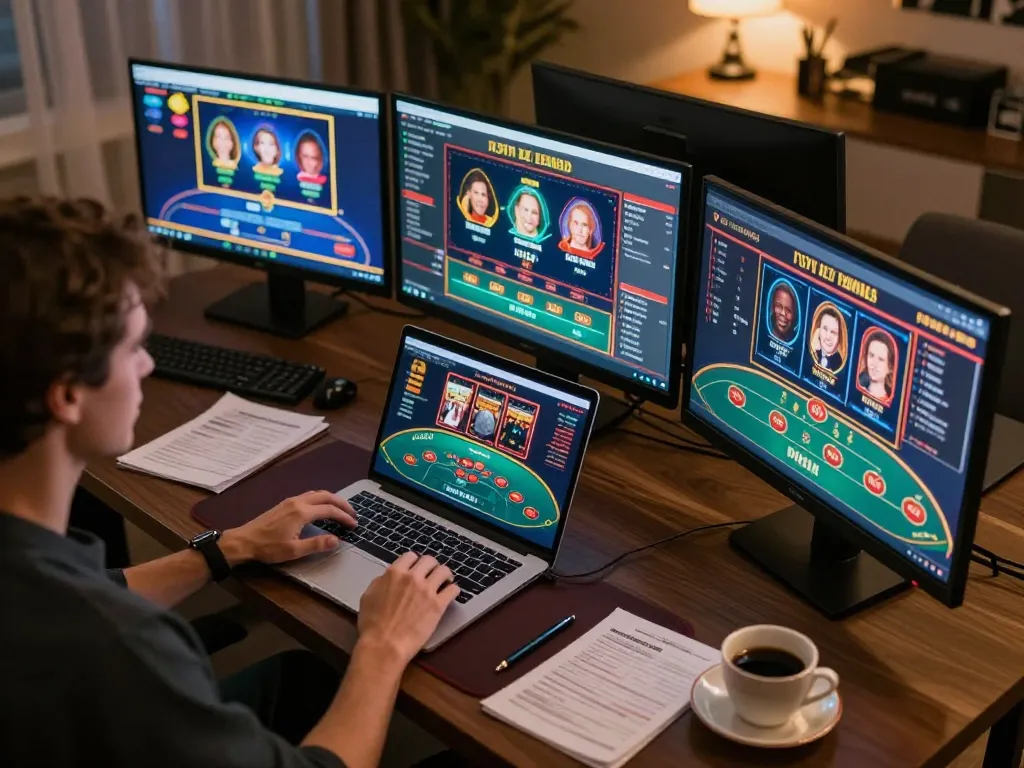 Engaged player enjoying vipwin gaming experience on multiple screens with strategic notes nearby.
